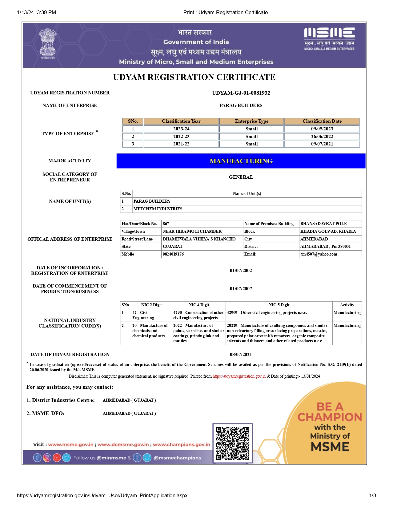 Metchem Industries Certificate 2